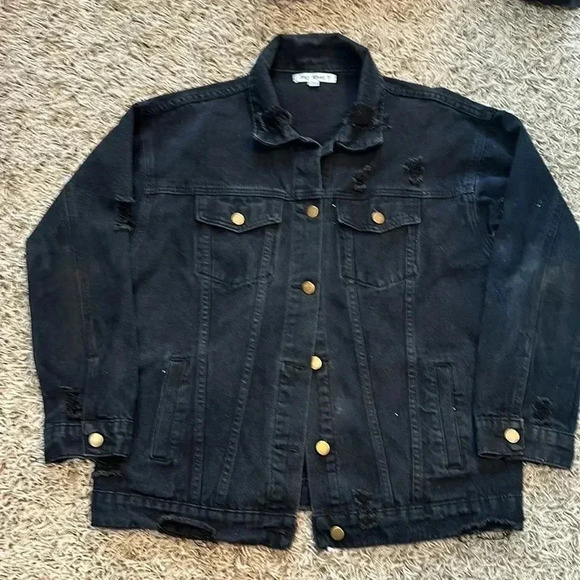 Black Rainbow Colored Mickey Painted Distressed Upcycled Jean Jacket Size Med - Picture 3 of 6